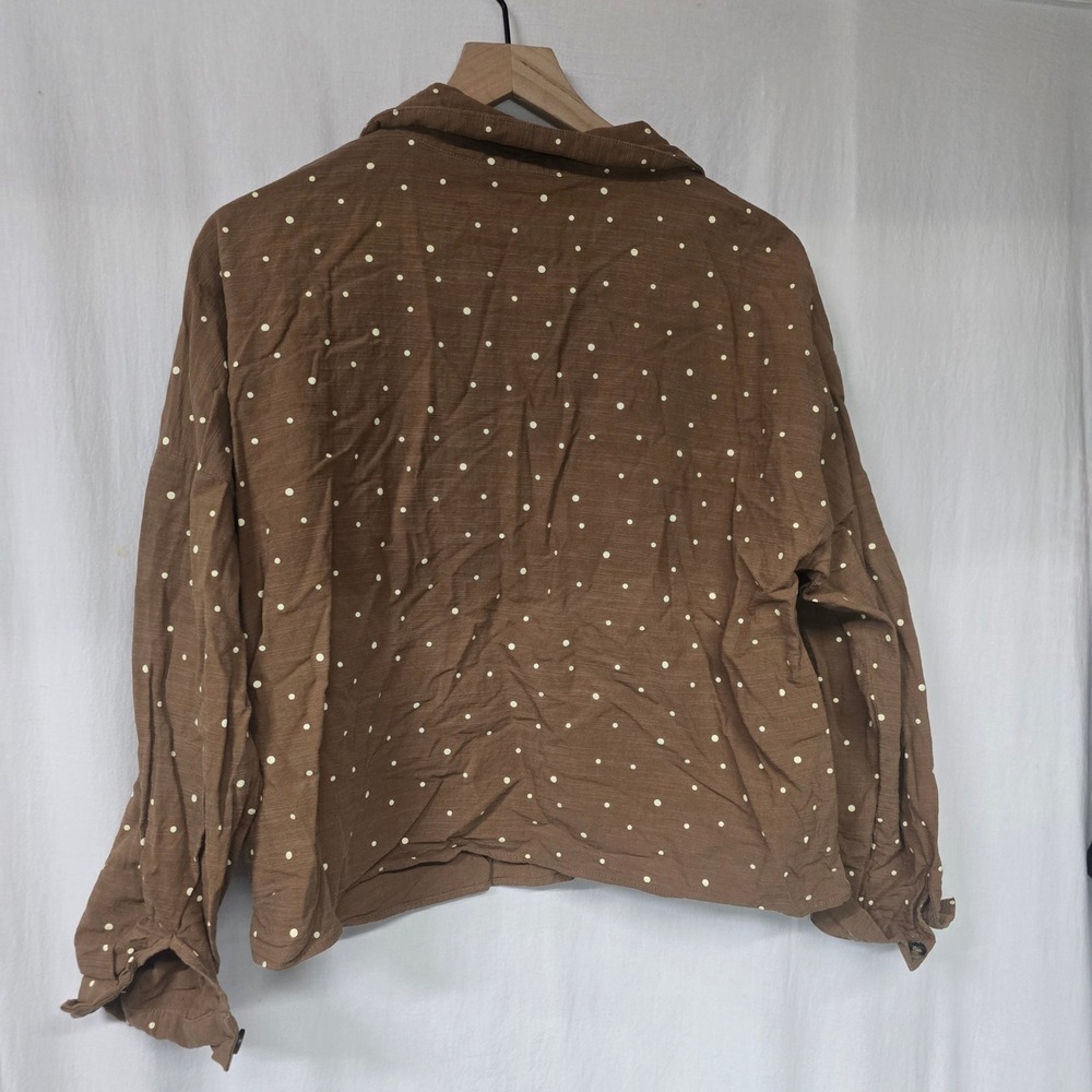 Lulus Amelia Dawn Brown Polka Dot Long Sleeve Button-Up Top M Linen Blend - Picture 2 of 6